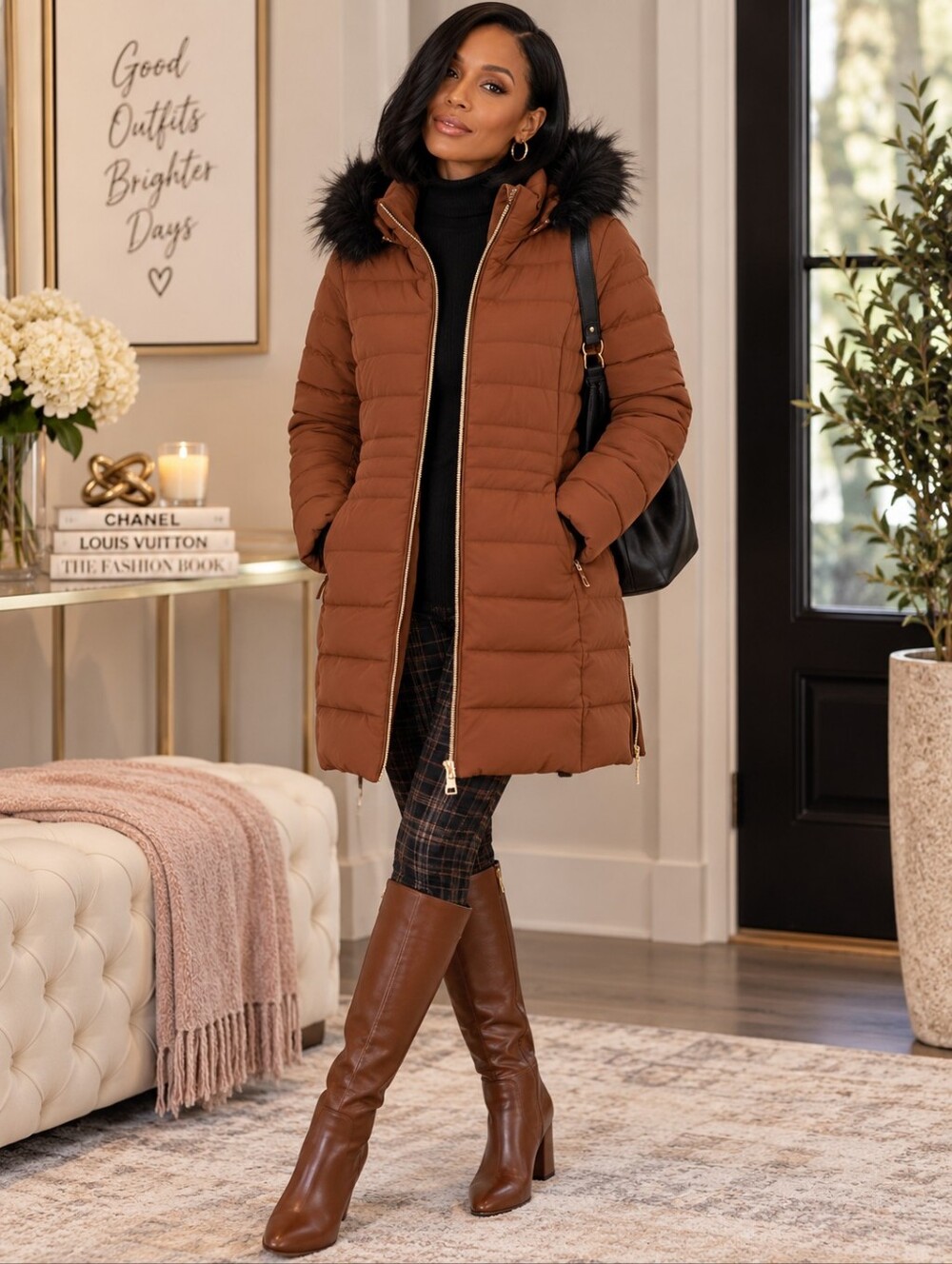 Nuage Stretch Puffer Coat with Removable Faux Fur Trim Hood |Petite Lg |Like New